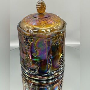 Indiana Glass Harvest Grape Pattern Canister Mystery Jewelry Jar with 25+ items